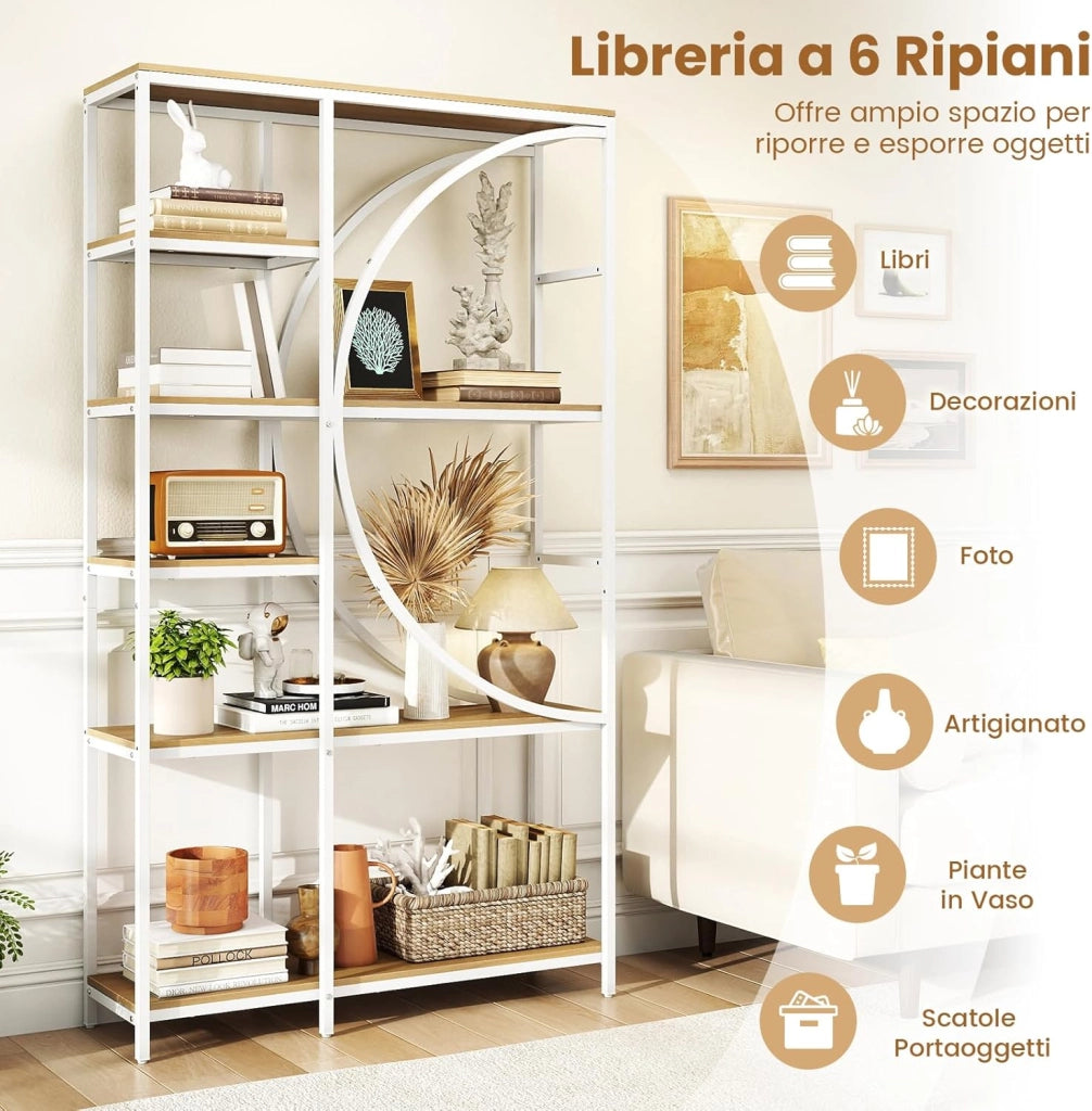 Libreria Moderna a 6 Ripiani Aperti, Scaffale Alto Autoportante Forma di Mezzaluna, Struttura in Metallo, Organizzatore per Soggiorno Ufficio, 100x30x177 cm (Naturale)