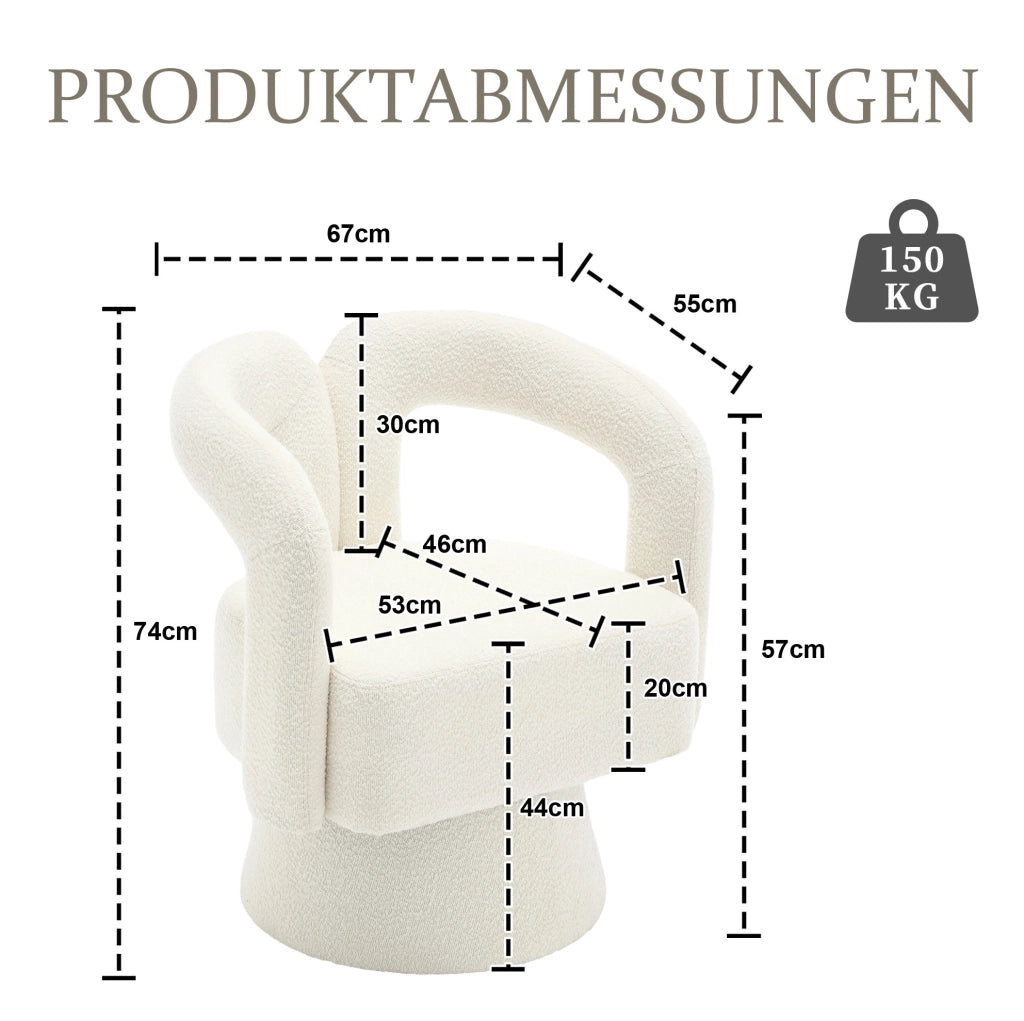 Poltrona girevole 360° in bouclé beige; 67 x 55 x 74 cm; con base in metallo