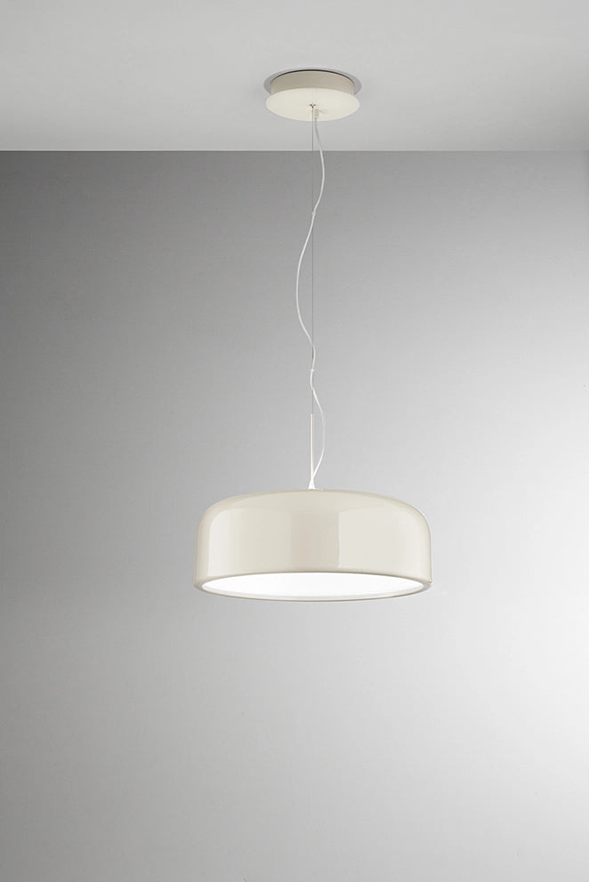 Lampada a Sospensione in Metallo Colore Bianco Panna Lucido con Tecnologia LED Integrata Dimmerabile CCT 50W, Diametro 60 cm - Perenz