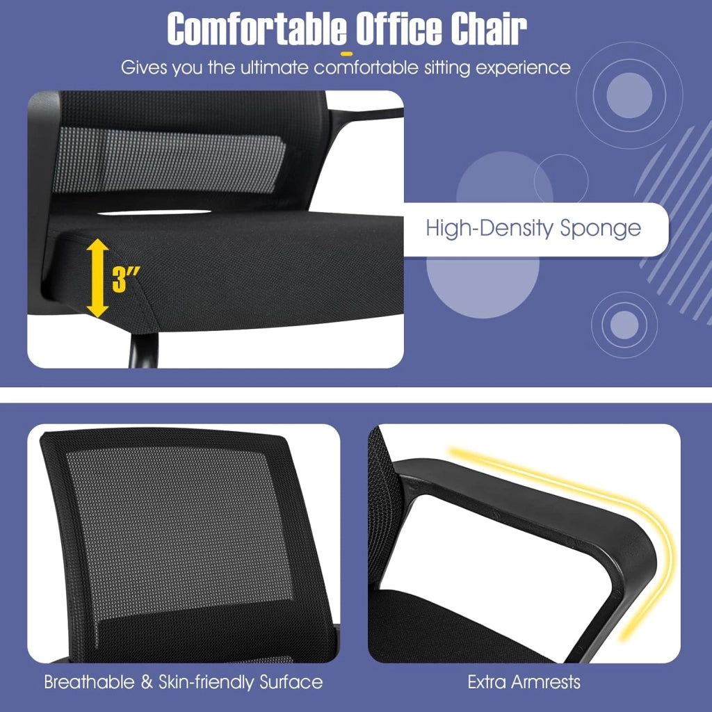 Sedia Ufficio Ergonomica con Supporto Lombare,Schienale Rete Mesh Traspirante + Braccioli Regolabili,Struttura a Slitta, Per Sale Riunioni, Reception e Attesa, Design Moderno in Nero