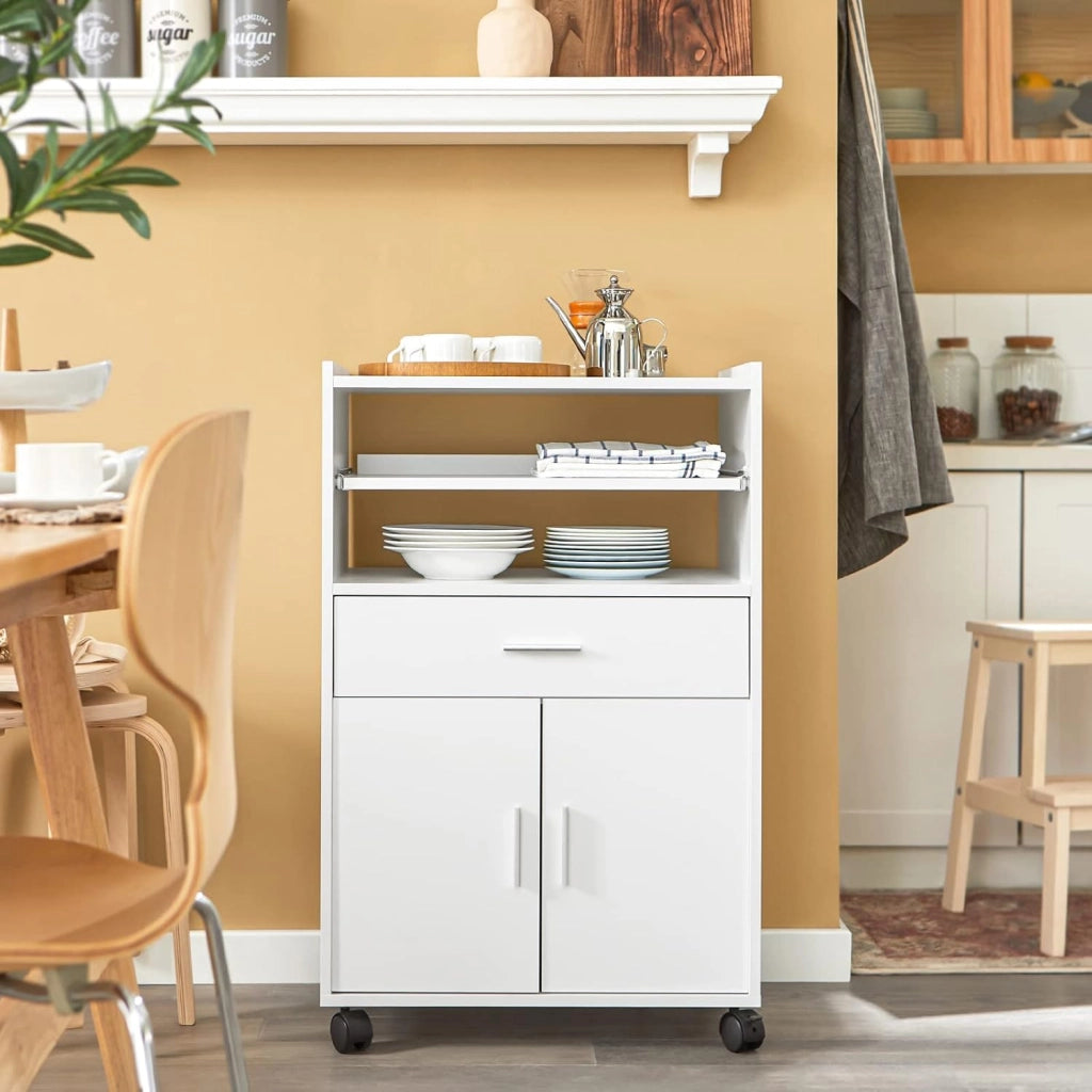Carrello Cucina con Ruote, Mobile Microonde con Piano Estraibile e Cassetto, Mobile Cucina Salvaspazio per Piccoli Ambienti, Cucina, Coffee Station e Soggiorno, Bianco 59×40×92 cm FSB09-W