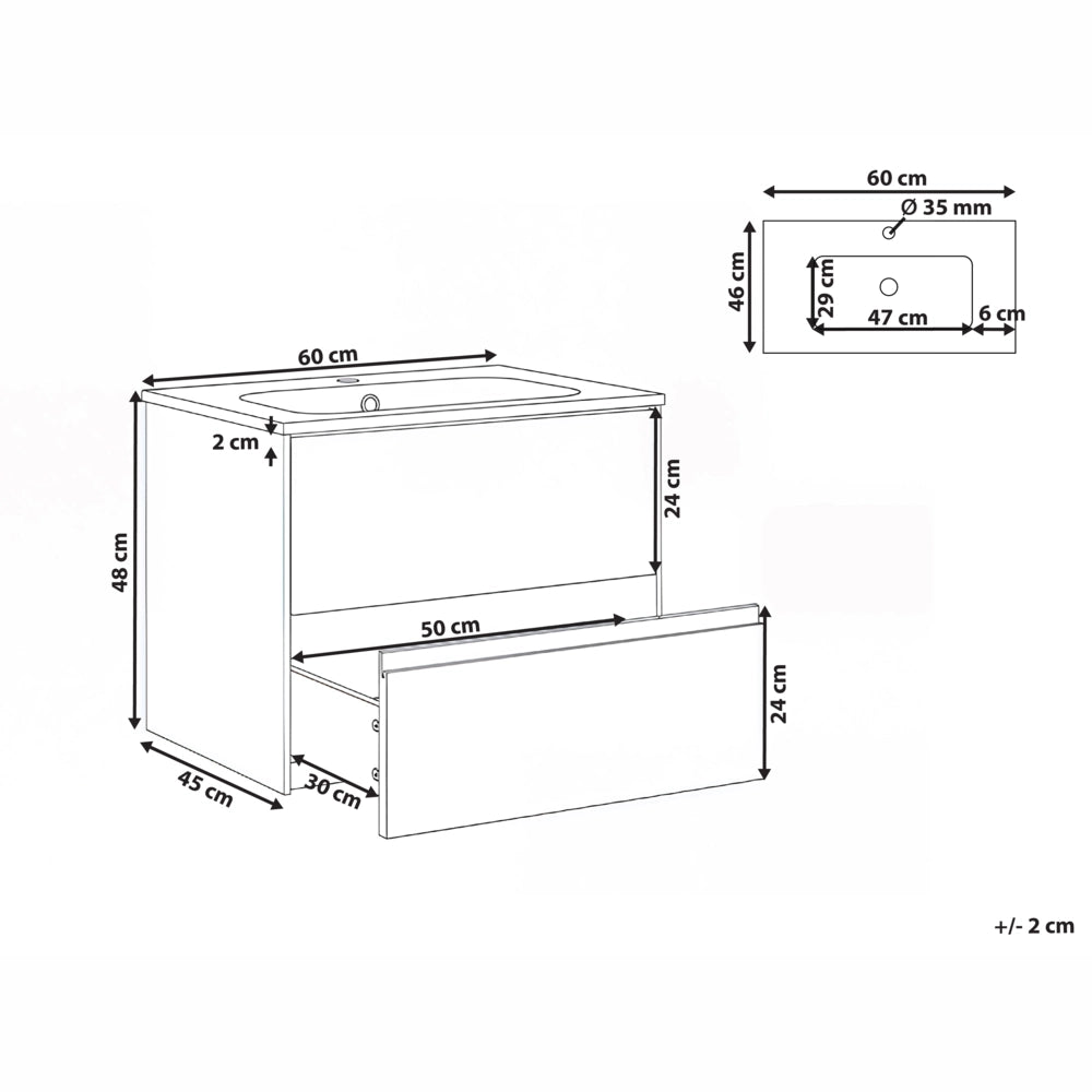 Mobile bagno sospeso con lavabo Frontale in MDF 2 cassetti 60 x 46 cm Marrone chiaro