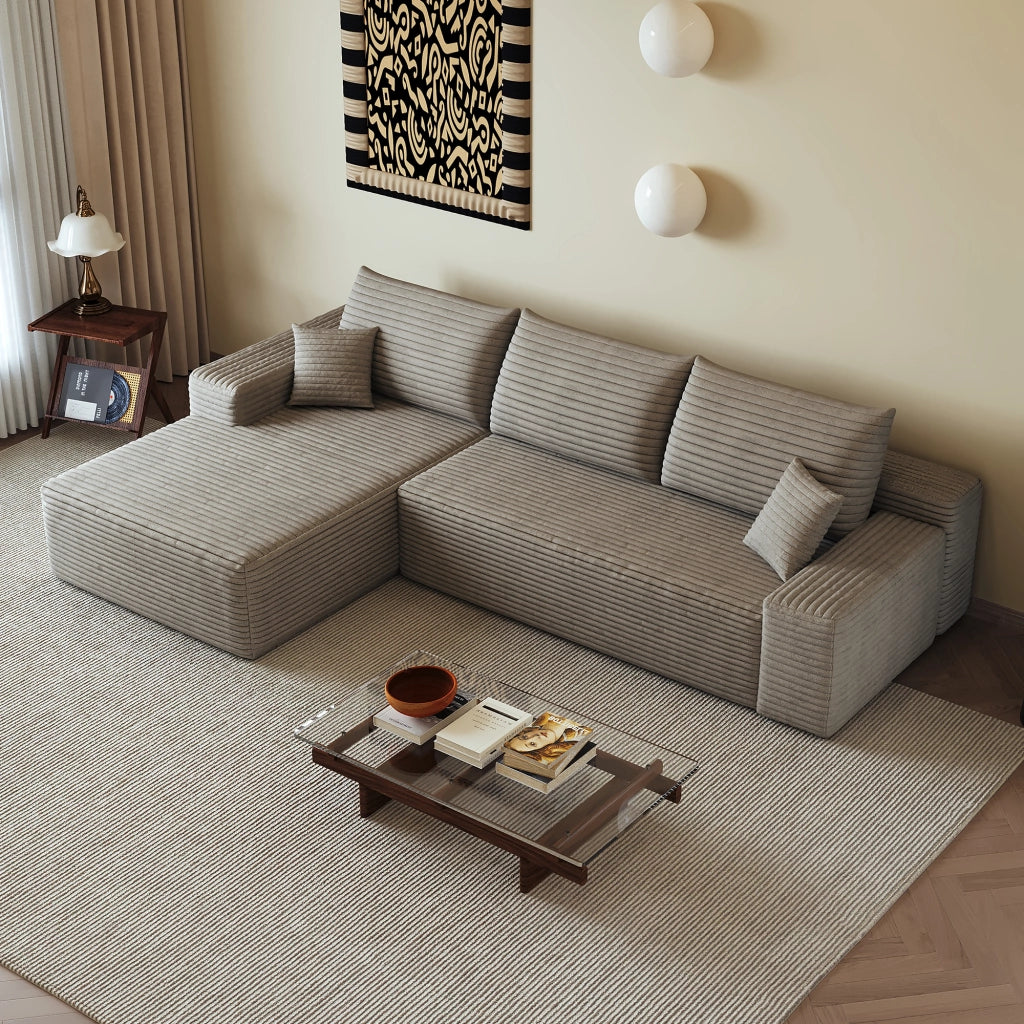 Divano angolare modulare - con chaise longue e seduta profonda - in velluto a coste - cammello