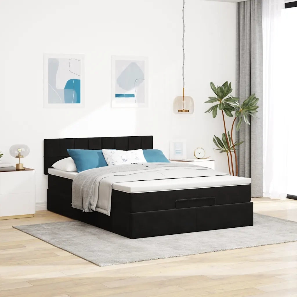 Struttura Letto Pouf con Materasso Nero 140x200 cm in Velluto 3312628