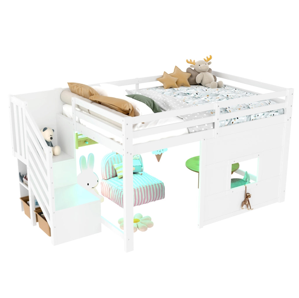 Letto a soppalco 140x200 cm con scala contenitore e LED, bianco