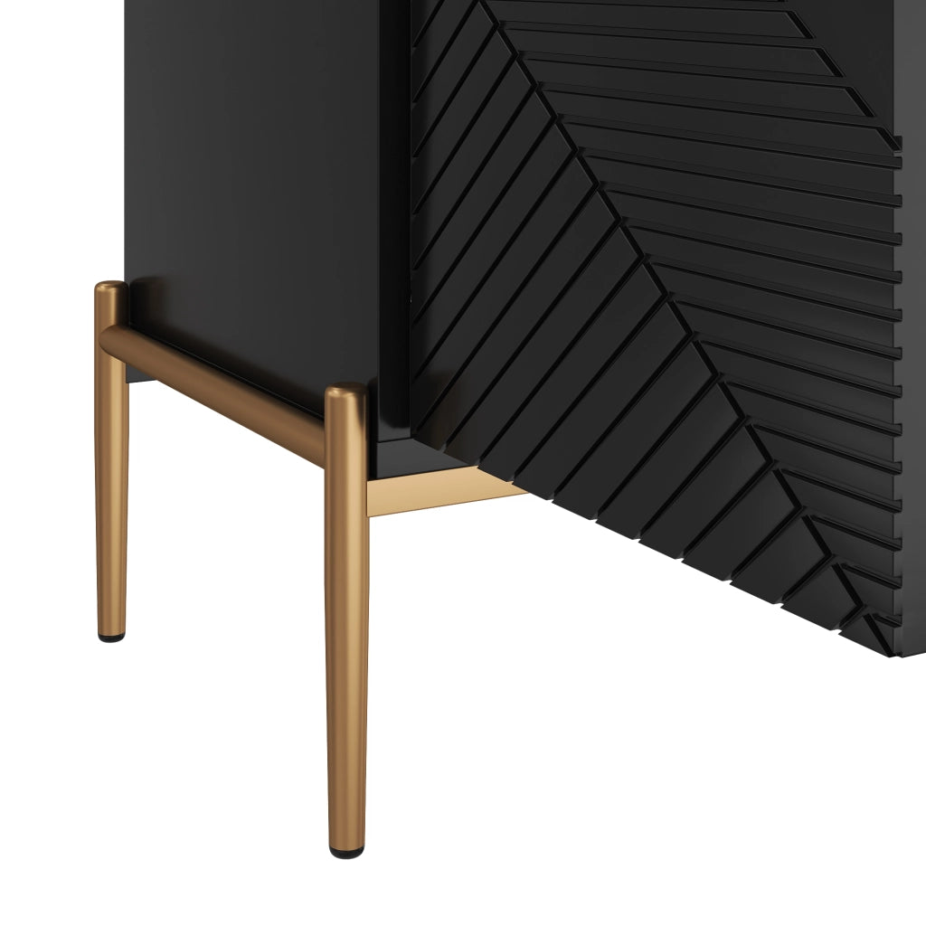 Credenza con 4 Ante e Gambe in Metallo; Motivo Geometrico 3D; Stile Moderno; in MDF; Nero; 162??40??80 cm