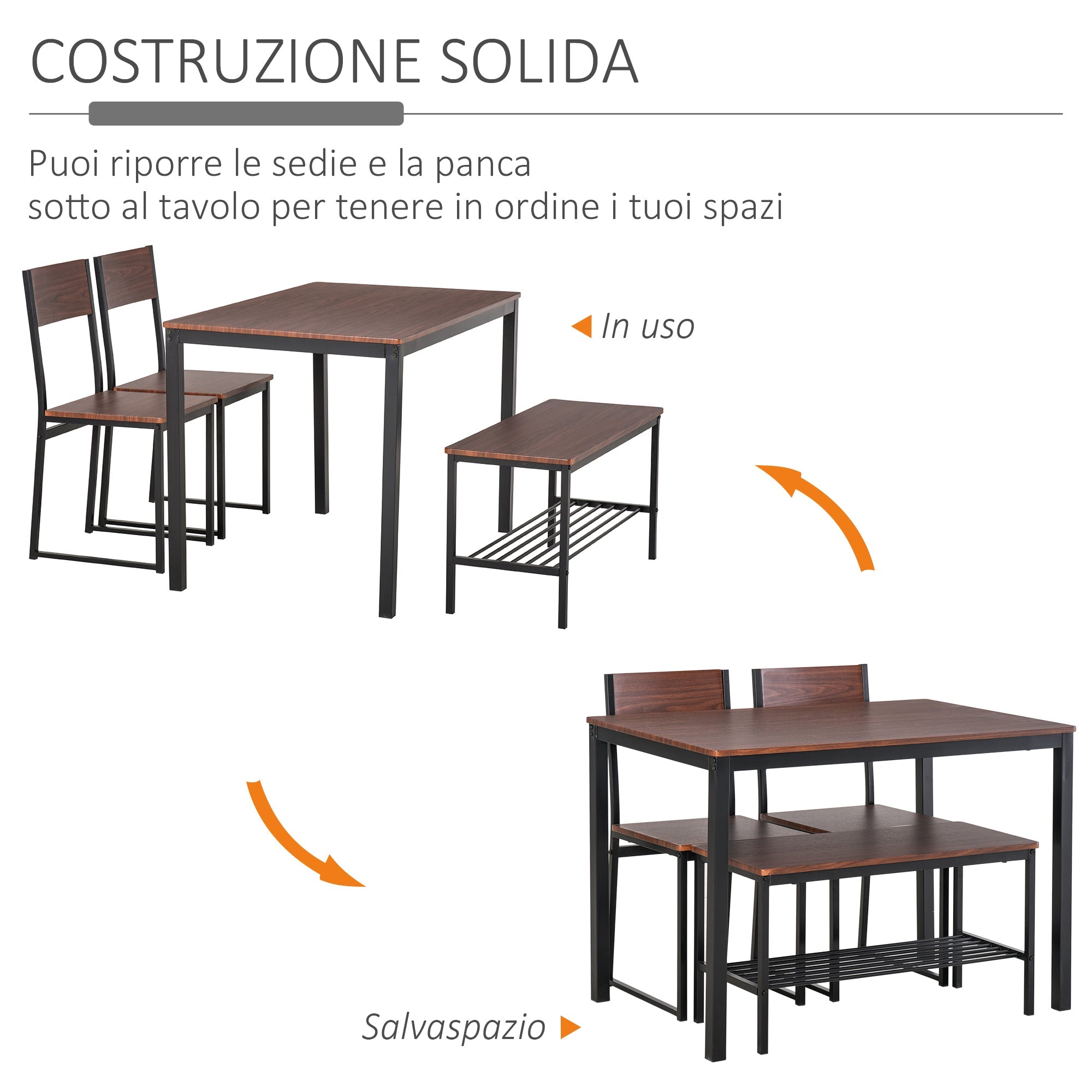 Set Tavolo 2 Sedie e Panca in Metallo e Legno Nero e Marrone
