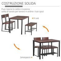Set Tavolo 2 Sedie e Panca in Metallo e Legno Nero e Marrone