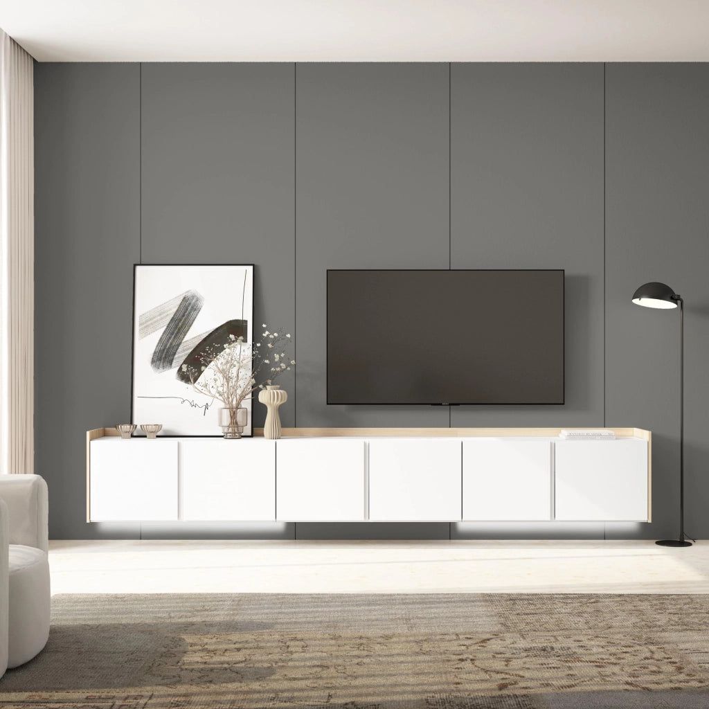 Mobile TV Soggiorno, 309x50x35 cm, Per TV fino a 80", Sospeso, da appendere, LED, Bianco e Rovere soft