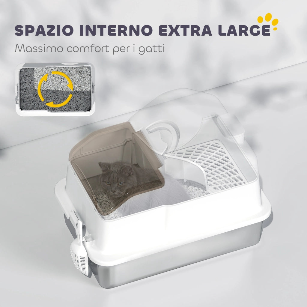 Lettiera per Gatti Chiusa 60,5x40,5x42 cm con 2 Tappetini Base in Acciaio Inox Bianca e Argento