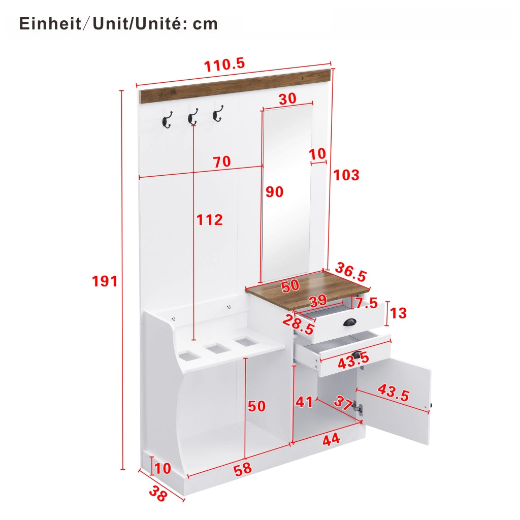 Mobile Ingresso con Specchio; 1 Anta; 2 Cassetti; Portaombrelli e Appendini; Stile Moderno; in Pannello di Particelle; Bianco; 110;5??38??191 cm