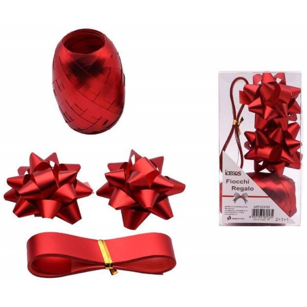 Trade Shop - Set 2 Coccarde 1 Rotolo 1 Nastro Coccarda Lucida Confezione Regalo Decorazioni Rosso -