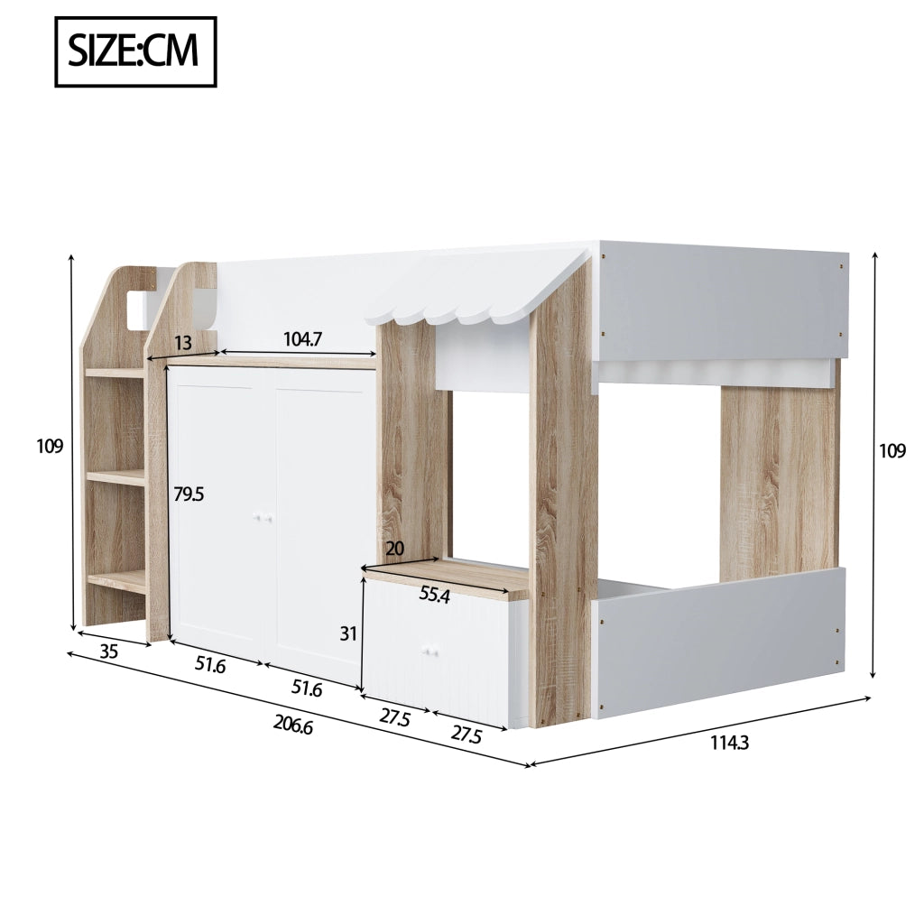 LETTO A CASTELLO 90x200 cm Casa Bianco+Legno con scala e vano inferiore