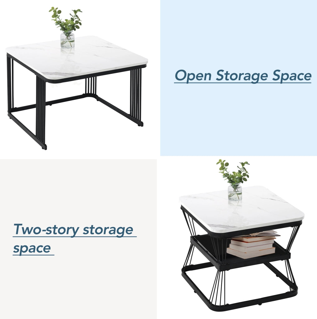 Set di 2 tavolini da salotto moderni in MDF effetto marmo; struttura in acciaio nero; bianco