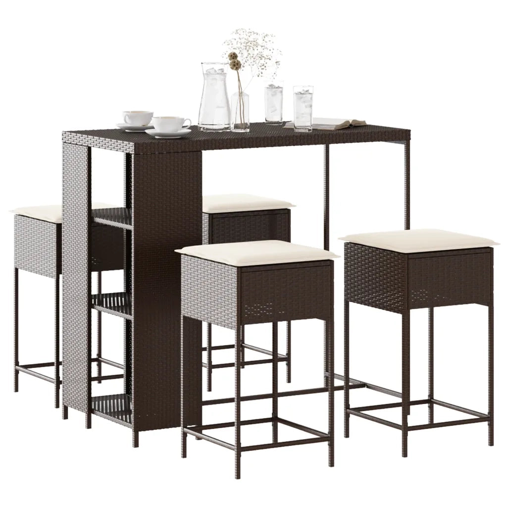 Set Bar da Giardino 5 pz | Set Salotto da Giardino con Cuscini in Polyrattan Marrone