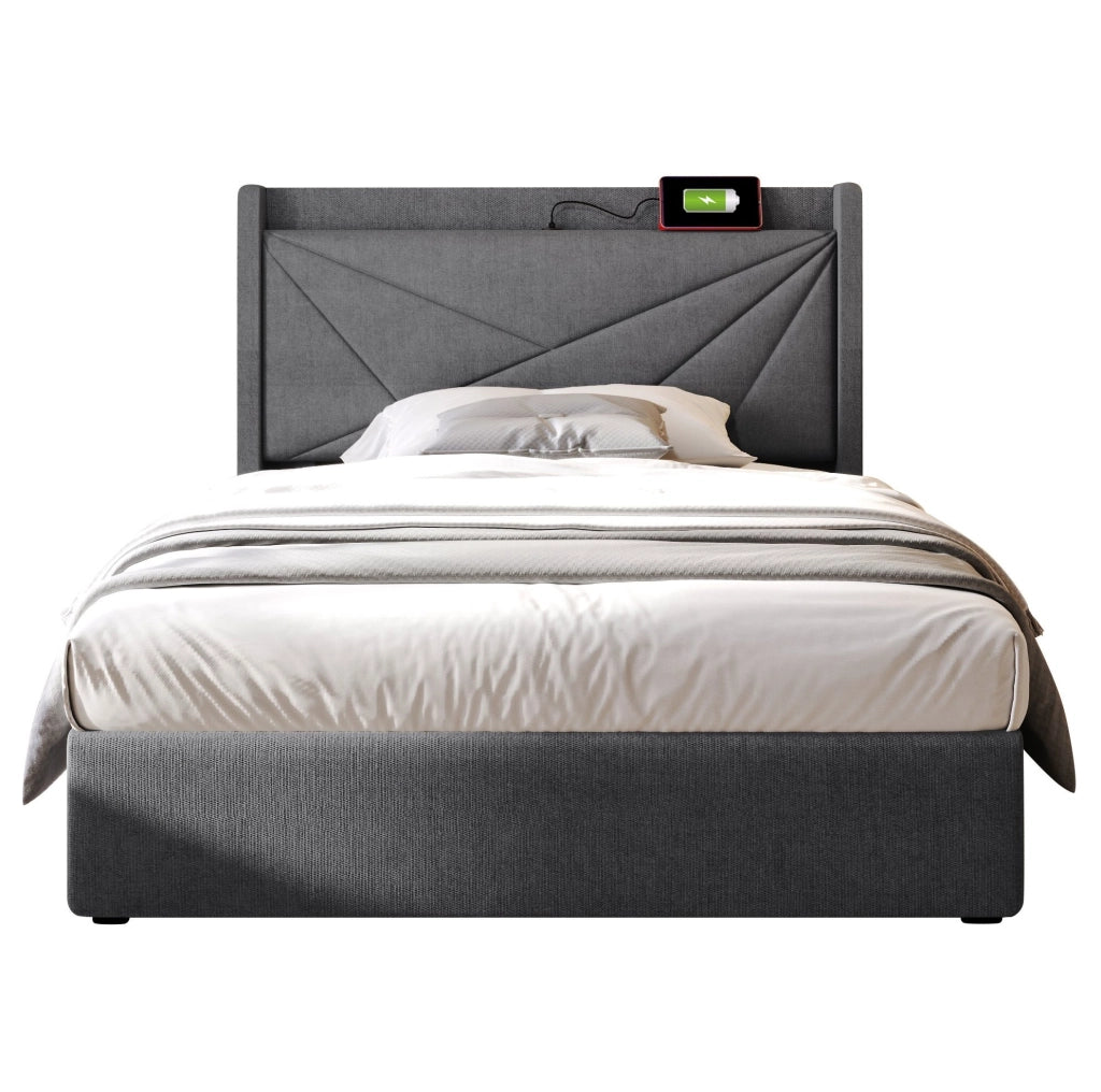 Letto singolo imbottito con contenitore 90x200 cm; USB e Type-C; grigio