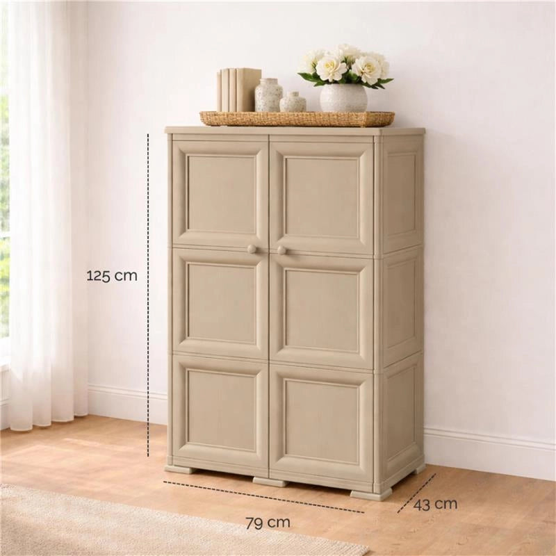 MOBILE MULTIUSO 2 ANTE TAUPE 79X43X125 CM CON 3 MODULI E 6 TASCHE LATERALI – ARMADIO ORGANIZZATORE VERTICALE PER LAVANDERIA E RIPOSTIGLIO