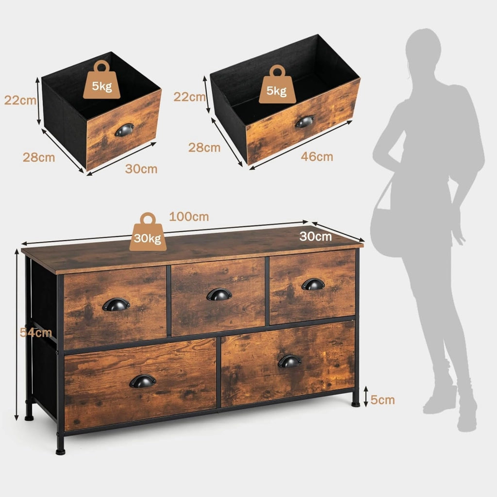 Cassettiera con 5 Cassetti e Armadietto a 2 Ripiani Pieghevoli in Tessuto - Credenza con Telaio in Metallo, 100 x 30 x 54 cm