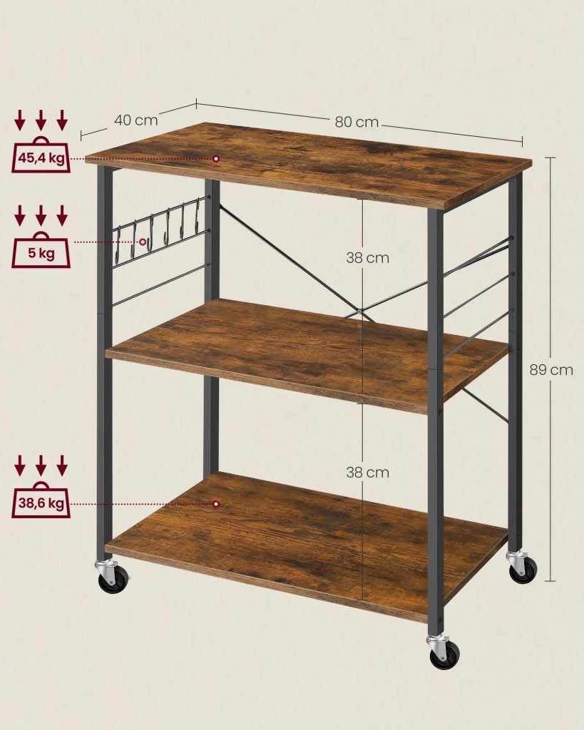 Scaffale da cucina carrello di servizio unità a 3 ripiani 40 x 80 x 89 cm forno a microonde mini forno tostapane struttura in metallo con 6 ganci stile industriale marrone rustico 12_0005678