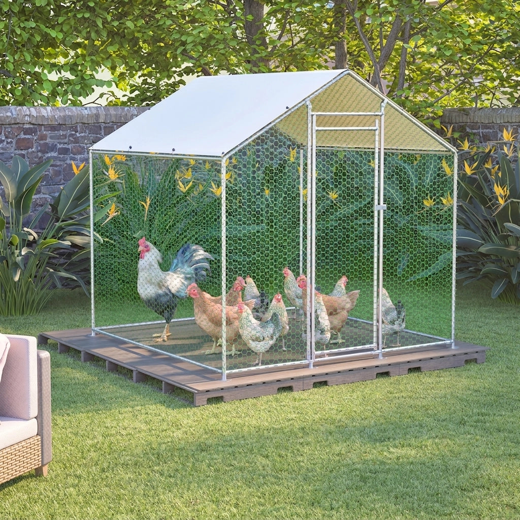 Pollaio in Metallo 2×2×2 m; Recinto per Galline da Esterno con Telo Impermeabile UV; Porta con Serratura e Rete Protettiva