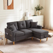 Divano angolare con chaise longue reversibile; contenitore; porta bicchieri e 2 cuscini; 175 cm; grigio scuro