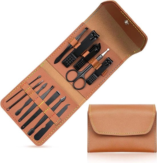 Set di manicure e pedicure da 12 pezzi in acciaio inossidabile con borsa in pelle PU per viaggio