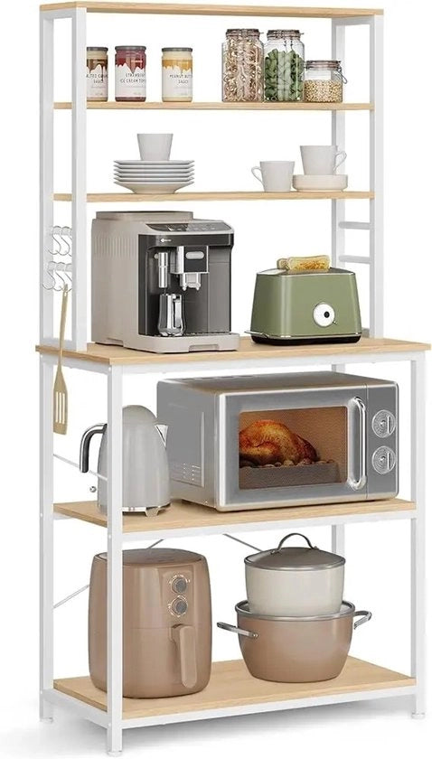 Cassettiera per cucina - Cassettiera per cucina in piedi - Cassettiera per cucina organizzatore - Armadio per cucina - Mobili per caffè - Struttura in acciaio - Bianco/legno - Regolabile - 6 pannelli - 6 ganci - 40x80x167 cm