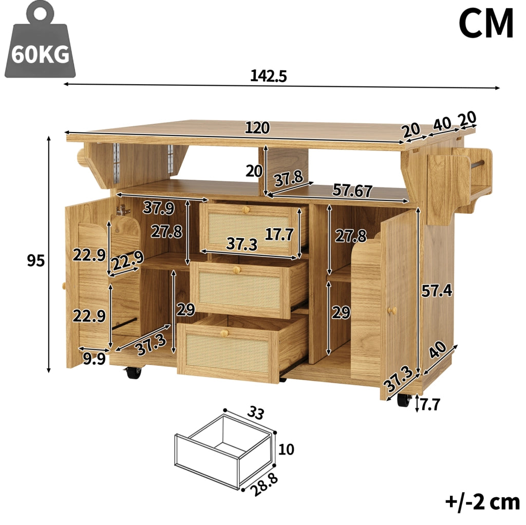 Carrello da cucina pieghevole con ripiani e cassetti in rattan