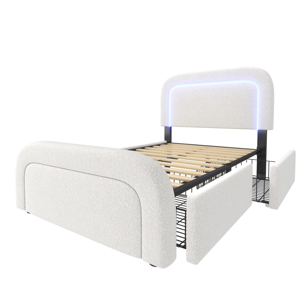 Letto singolo imbottito ULEVR 90x200 cm con 2 cassetti, LED, USB e Type-C, testiera regolabile, bianco