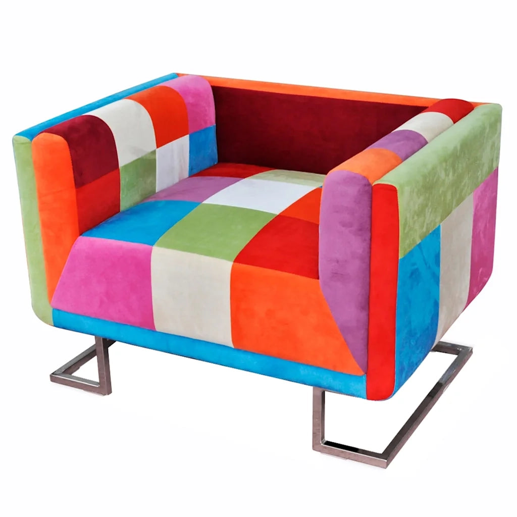 Poltroncina-Poltrona a Cubo con Gambe Cromo e Design Patchwork in Tessuto
