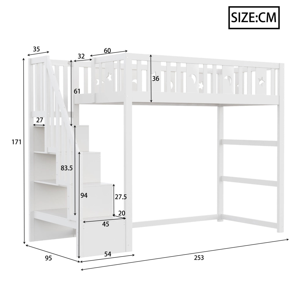 Letto a soppalco 90x200 cm con scala e ripiani; area divano; bianco