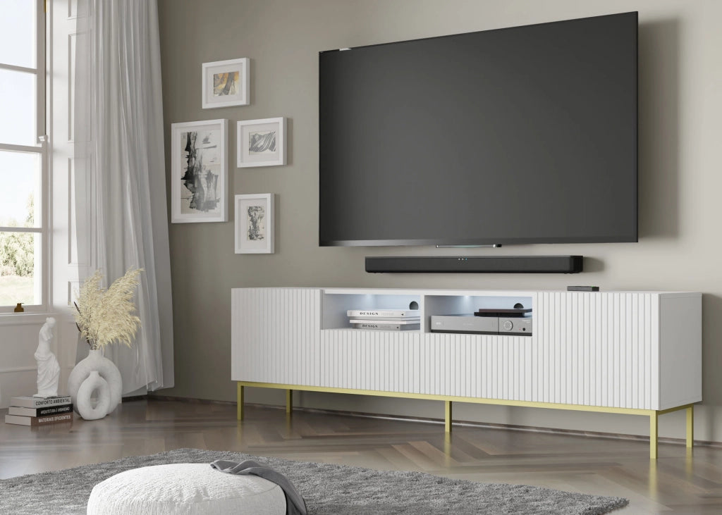 MOBILE RAVENNA BCK PORTA TV IN MDF RIVESTITO IN FOGLIO 2D2S 200 BIANCO OPACO STRUTTURA ORO