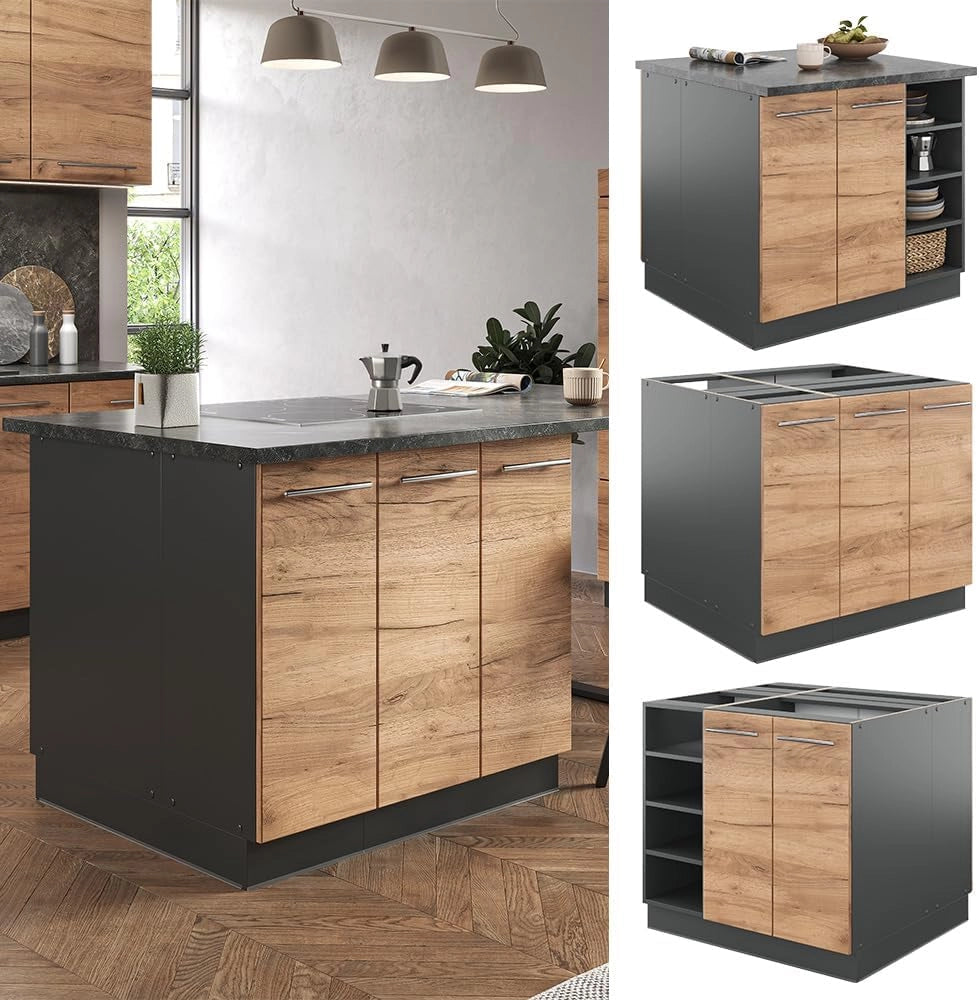Isola cucina Fame-Line, Quercia dorata/antracite, 90 cm senza piano di lavoro, adatto per l'espansione con moduli aggiuntivi compatibili