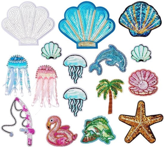 Pailletten Patches 18 Stuks - Pannelli Decorativi con Filo - Tema Oceano - Decorazione per Abbigliamento e Borse - Inclusi Striscioni per Riparazioni - Pannelli Decorativi a Maglia