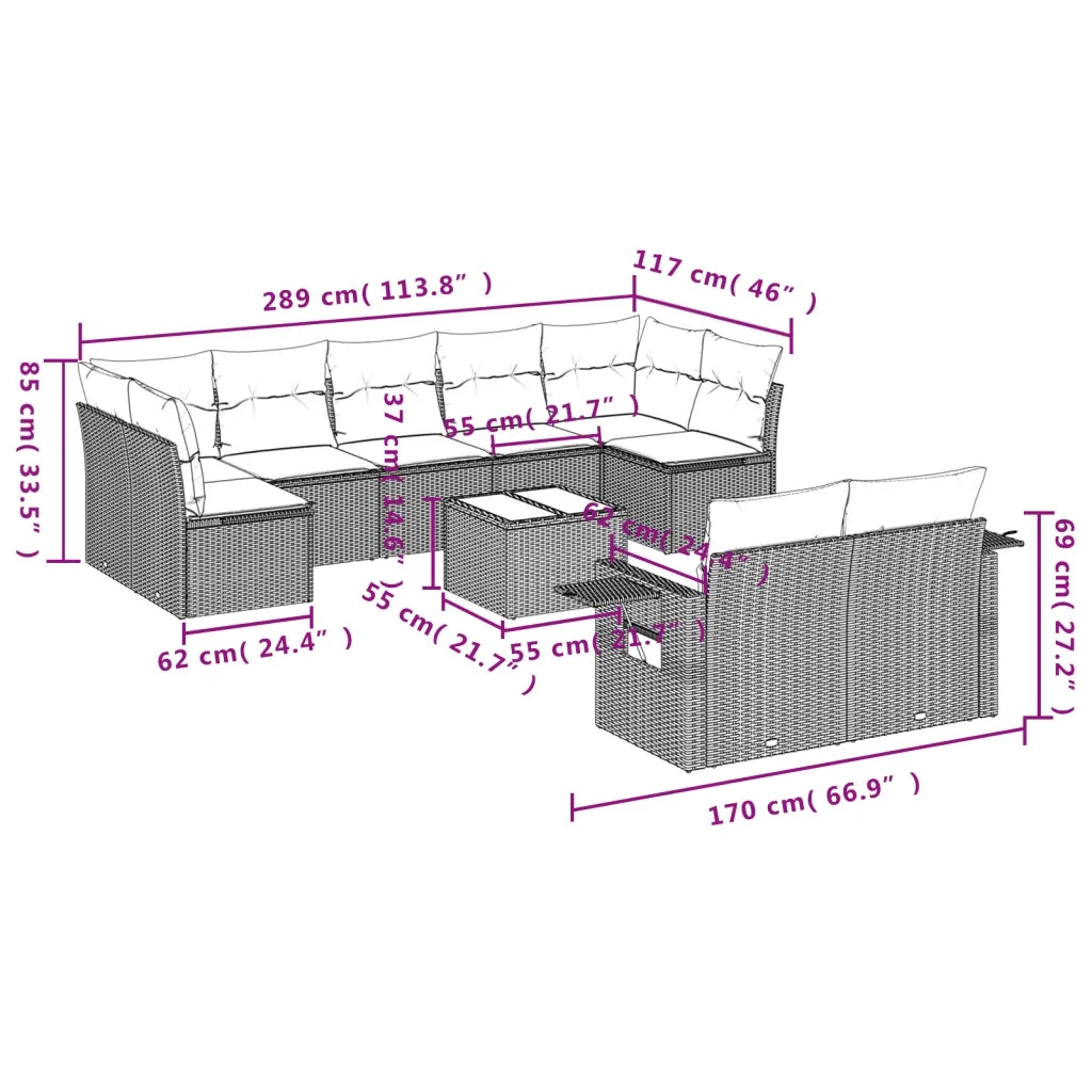 Set Divani da Giardino 10pz con Cuscini in Polyrattan Nero