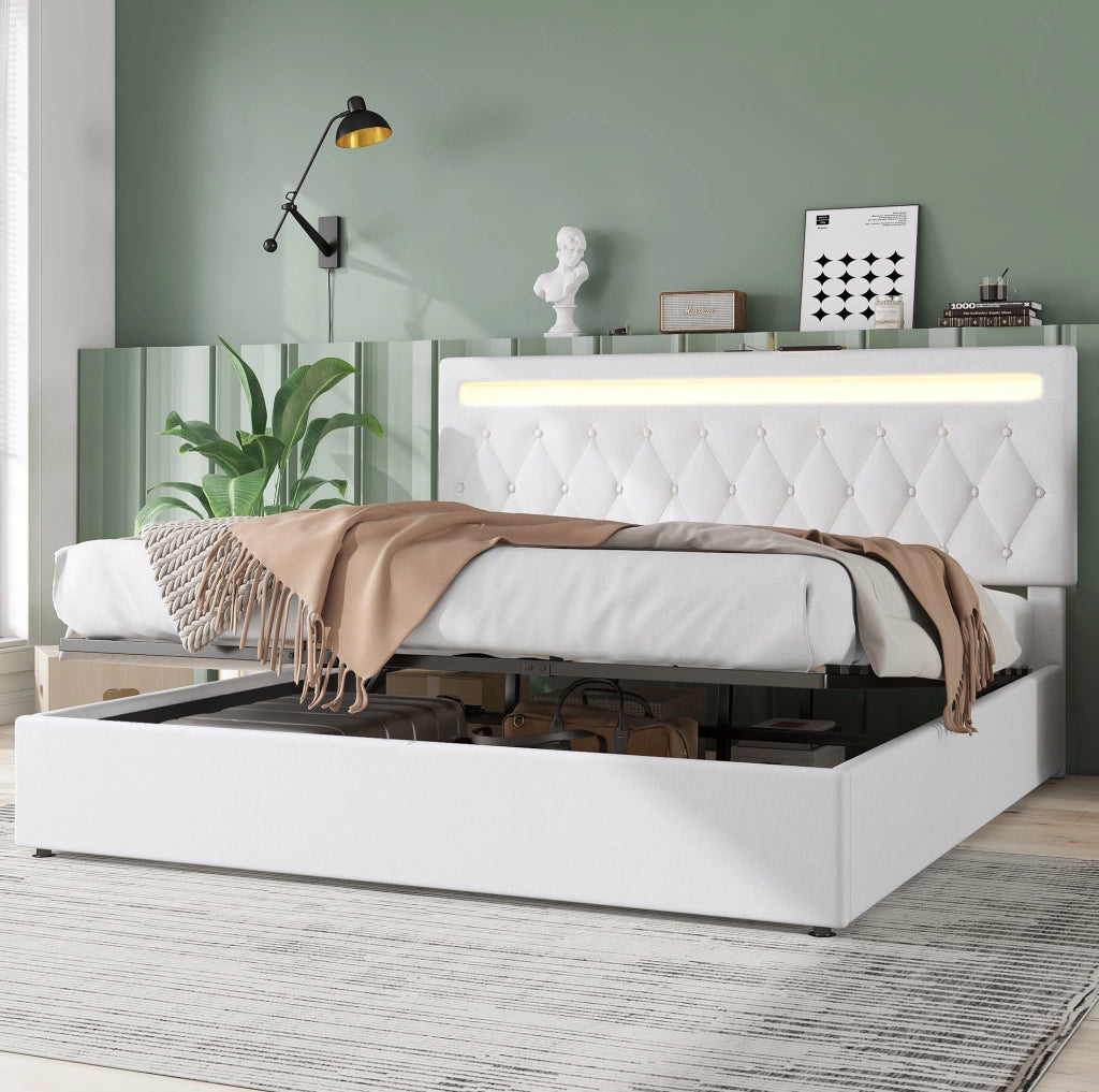Letto imbottito 180 x 200 cm con sollevamento idraulico e luce LED