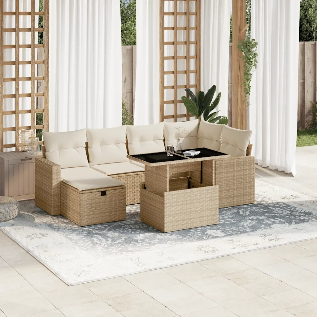 Set Divani da Giardino 7 pz con Cuscini Beige in Polyrattan
