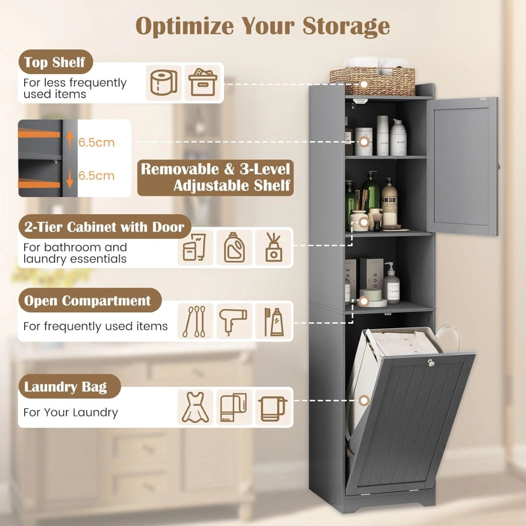 Armadio da bagno alto e stretto, scaffale regolabile, borsa per biancheria rimovibile da 48 l, manici pratici, dispositivo antiribaltamento, per cucina soggiorno, 40 x 40 x 170 cm