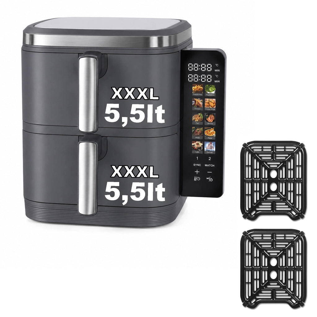 Friggitrice ad Aria 11 Litri Doppio Cestello 2800W, 5,5+5,5L con Separatori, 4 Piani di Cottura, Display LED Touch Richiudibile, 12 Programmi, Doppia Cottura Indipendente, Timer, 60-200°C