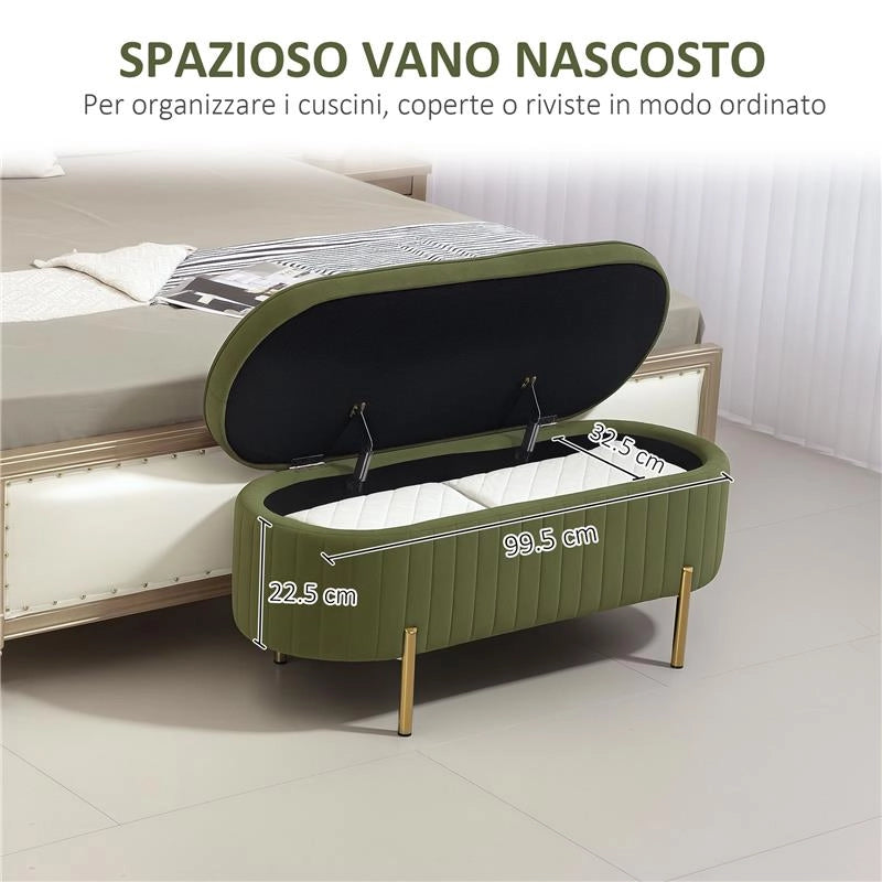 PANCA CONTENITORE OVALE DA 72L CON COPERCHIO SOLLEVABILE IN TESSUTO EFFETTO VELLUTO E LEGNO 108X44X43.5 CM VERDE