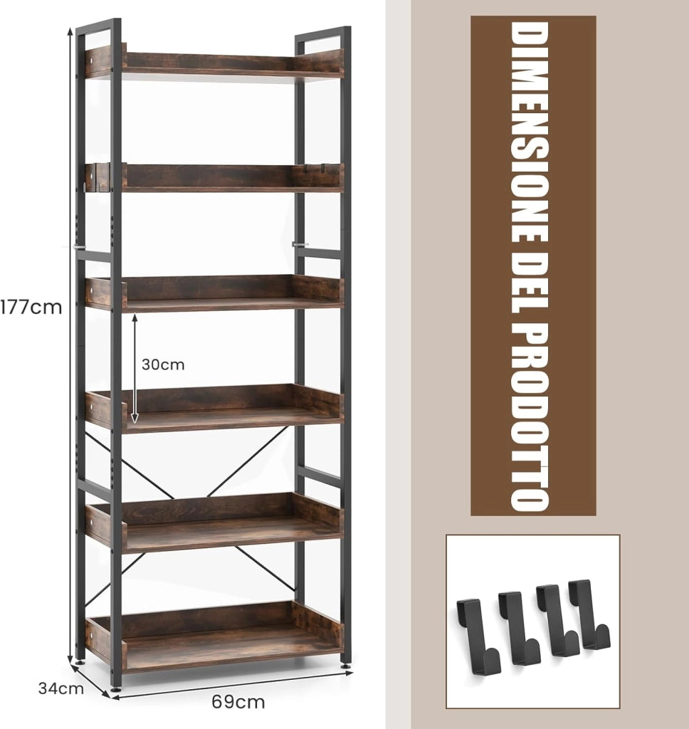 Scaffale a 6 Ripiani, Libreria Industriale Alta 177 cm con Ripiani Aperti e 4 Ganci, Scaffale Multifunzionale e Flessibile per Ufficio Soggiorno Camera da Letto e Cucina