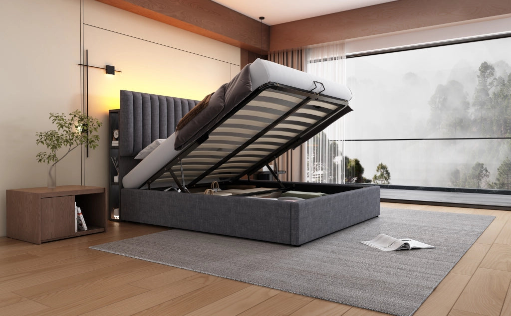 DESMIU Letto contenitore 140 × 200 cm 2 posti con LED, USB e Type-C, testiera con ripiani, con materasso, grigio