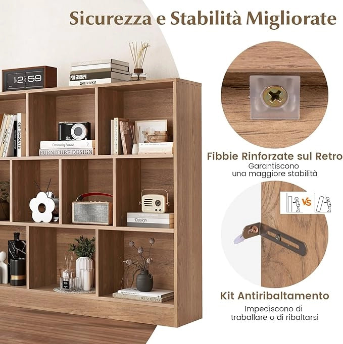 Libreria a 10 Cubi, Organizzatore di Stoccaggio a 3 Ripiani con 2 Kit Anti-Ribaltamento, Scaffale Multiuso in Legno per Soggiorno Camera da Letto Ufficio, 120x24x104 cm (Naturale)
