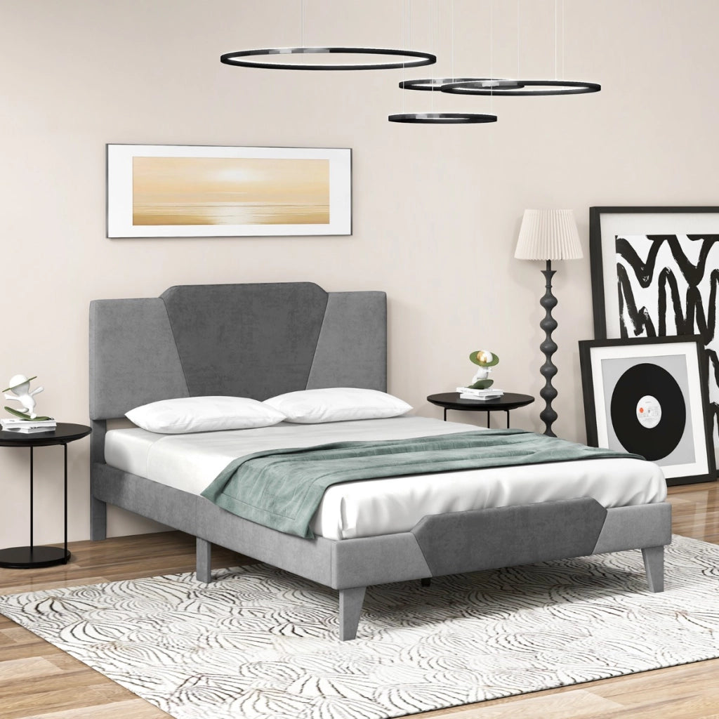 Letto matrimoniale con struttura imbottita testiera doghe in legno massello-Base per materasso 140x200cm-Grigio