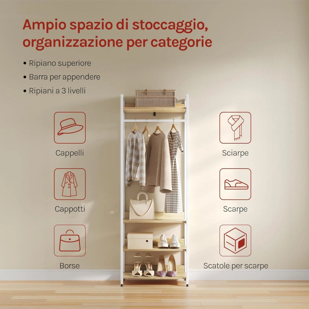 Stand Appendiabiti con Ripiani Attaccapanni per Cameretta Guardaroba con Scarpiera Scaffale Porta Abiti in Legno e Acciaio 60x40x170 cm