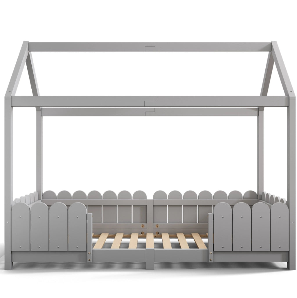 Letto a casetta per bambini 90x200 cm in legno grigio con sponde e rete a doghe