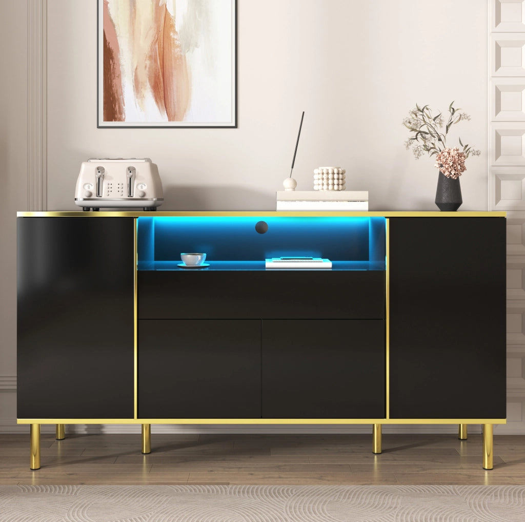 Sideboard nero lucido con 1 cassetto, 4 ante e illuminazione LED, 150x40x80 cm