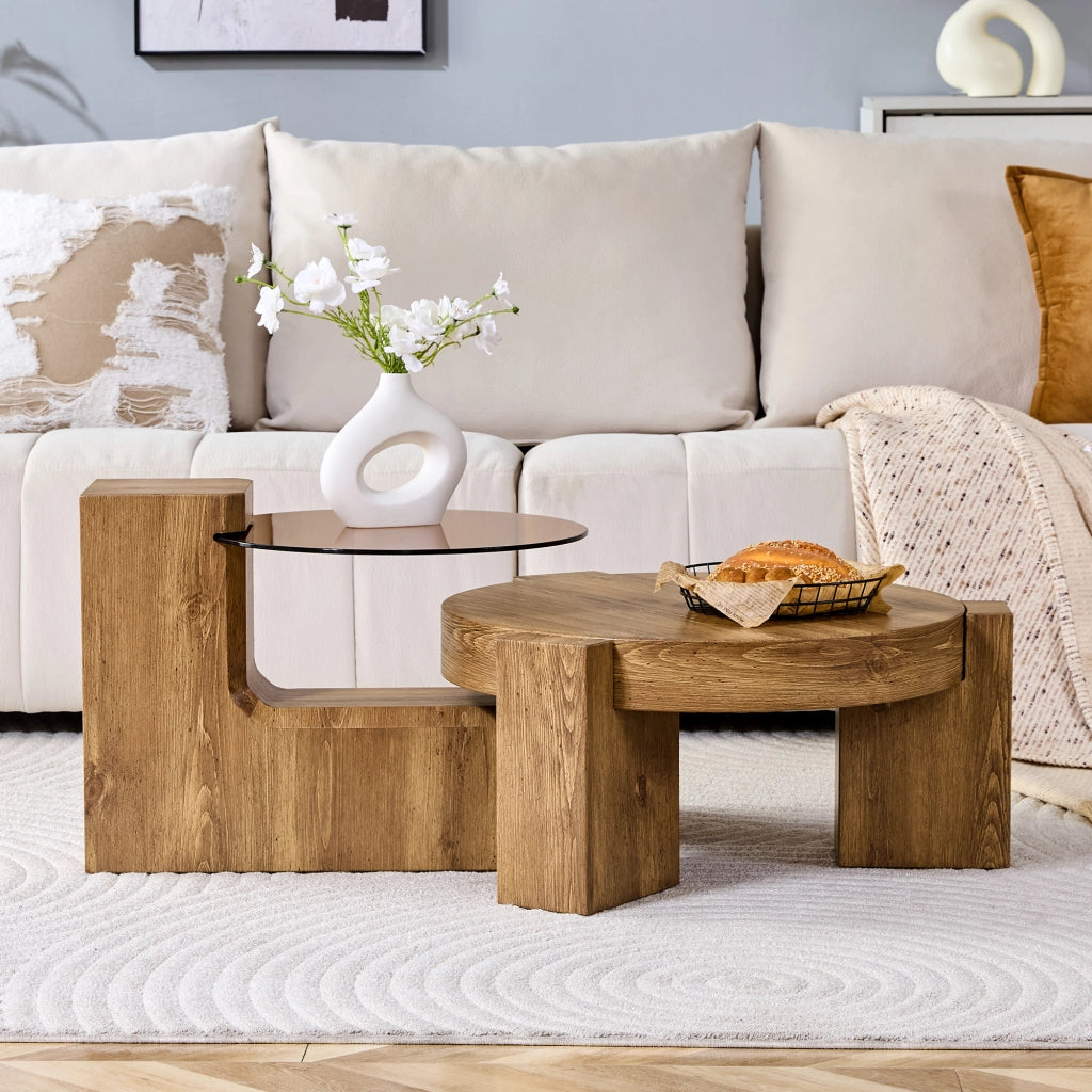 TAVOLINO Set da 2 pezzi rotondo a due livelli 61 cm MDF effetto legno e vetro marrone