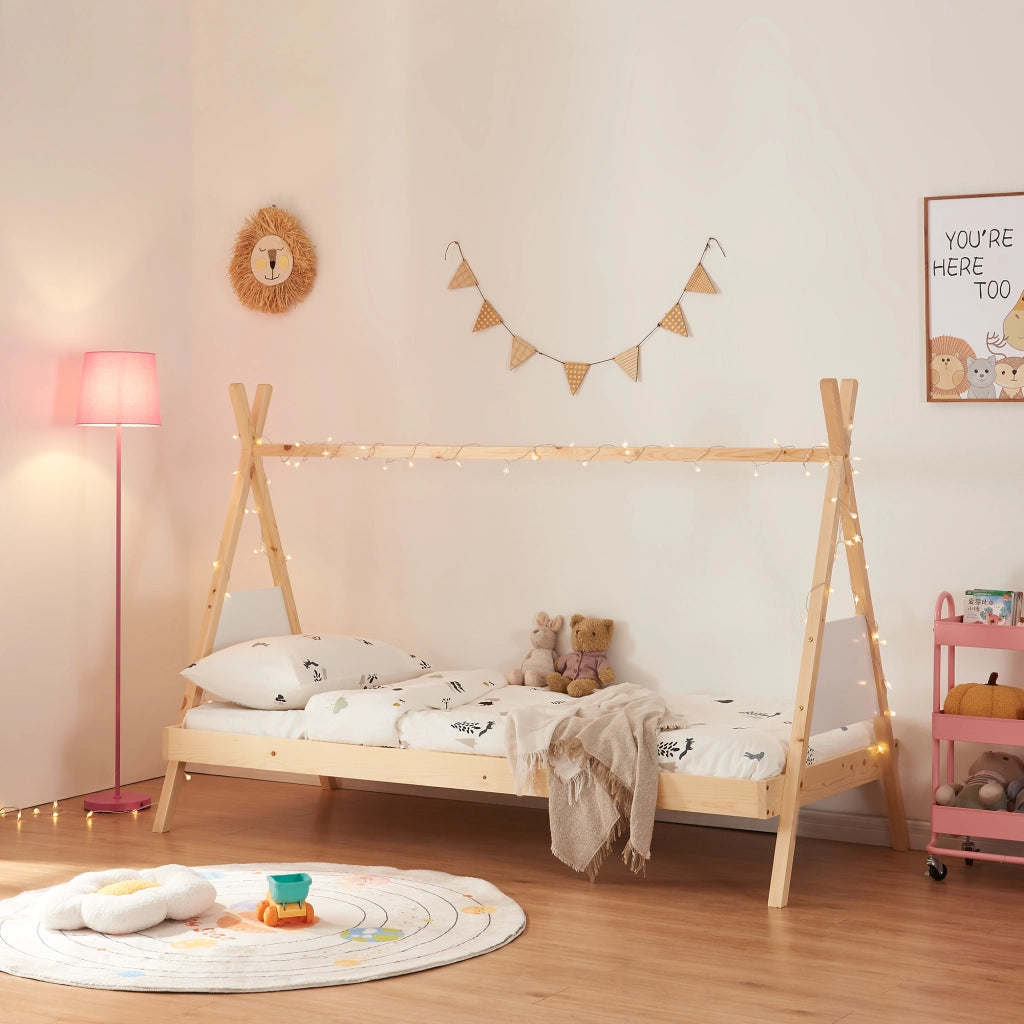 Letto per Cameretta Siikajoki a Forma di Capanna 90 x 200 cm - Naturale / Bianco [en.casa]