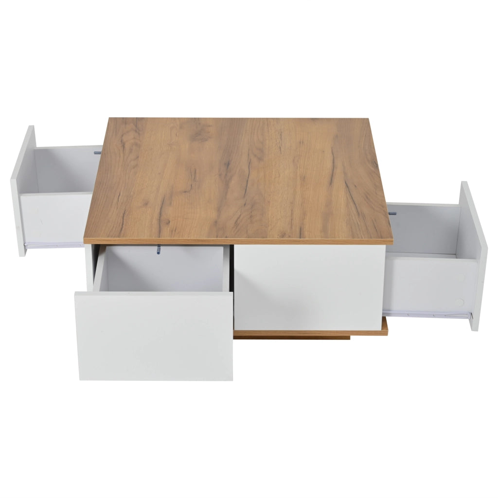 Tavolino da caffè 70x70x31.5 cm; 3 cassetti e vano aperto; pannello truciolare; bianco e colore naturale